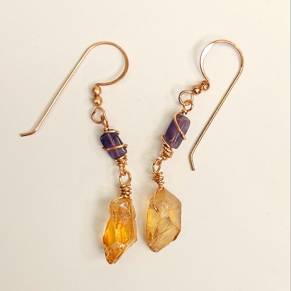 Yellow Crystal Point and Amethyst Wire Wrapped Earrings - Picture 5 of 6